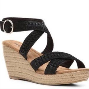 Minnetonka Black Suede Ankle Wrap Wedge Sandals